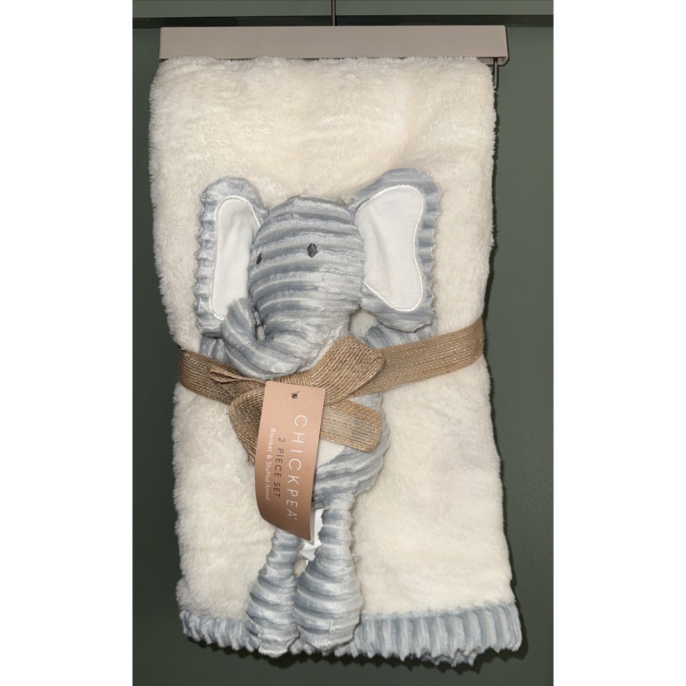Chick Pea Plush Baby Blanket Elephant Stuffed Toy Set Ivory Gray Ribbed Trim New
